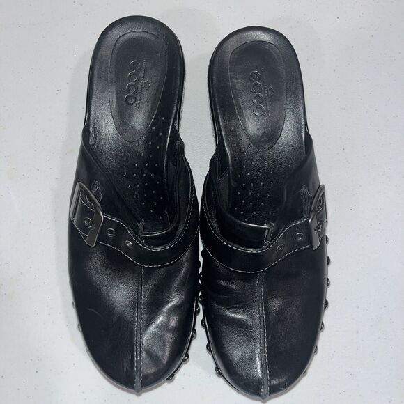 NWOT Ecco Chunky Y2k Studded Black Silver Leather Clogs Mules Buckles 37 6.5 - Picture 1 of 10